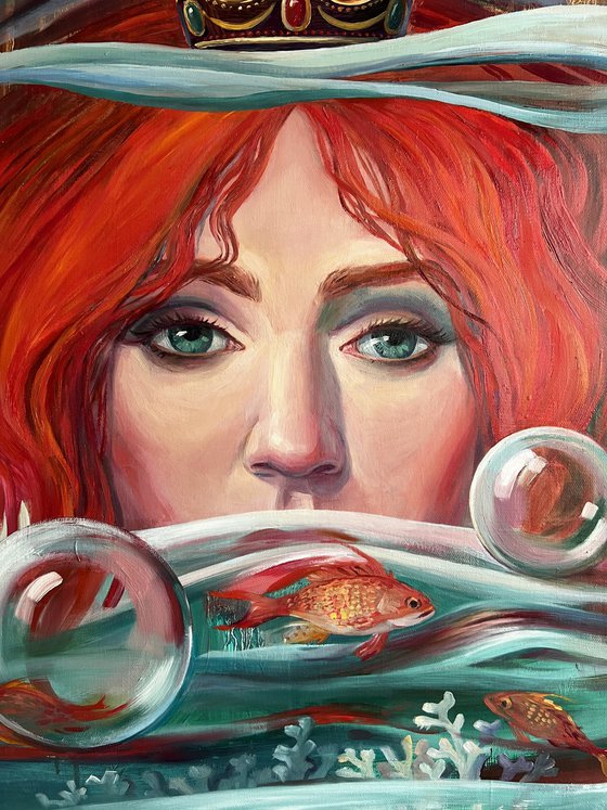 Queen of water and floating words. Red-haired woman.