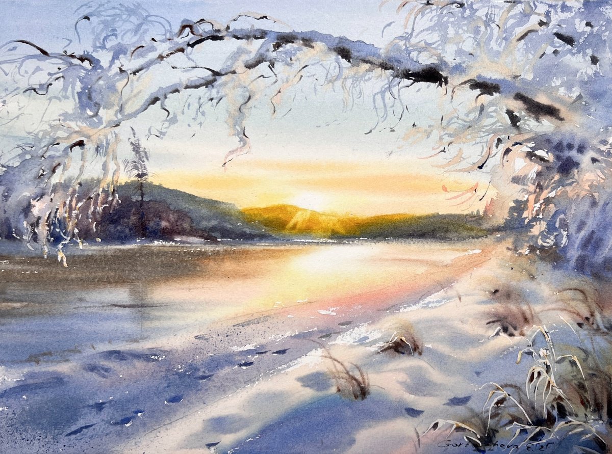 Impressionistic Watercolour , Golden Winter Hush By Eugenia Gorbacheva, 12 X 9, Artwork For Sale On Artfinder