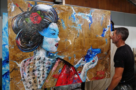 Cherry Aquatic 200cm x 150cm Geisha Abstract Realism Book Page Art