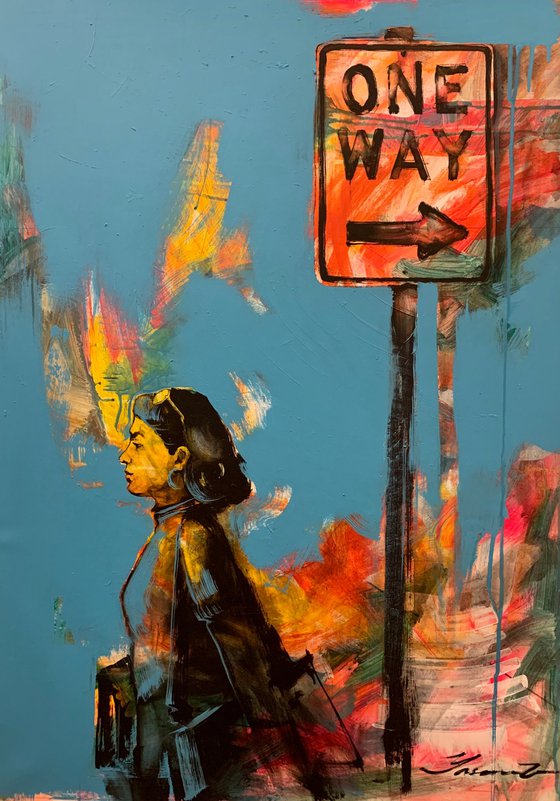 Bright vertical painting - "ONE WAY" - Street art - City - Street - Girl - Road sign - Urban art - Cityscape