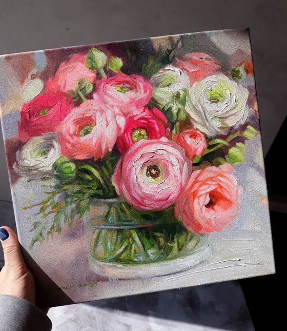 Ranunculus flowers oil painting on canvas, floral painting