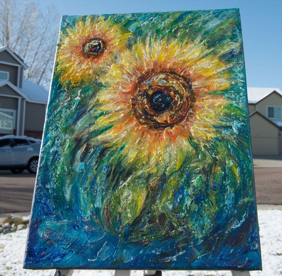 Sunflower - 12 x 16 x 0.5 in with palette knife by Lena Owens @Artfinder