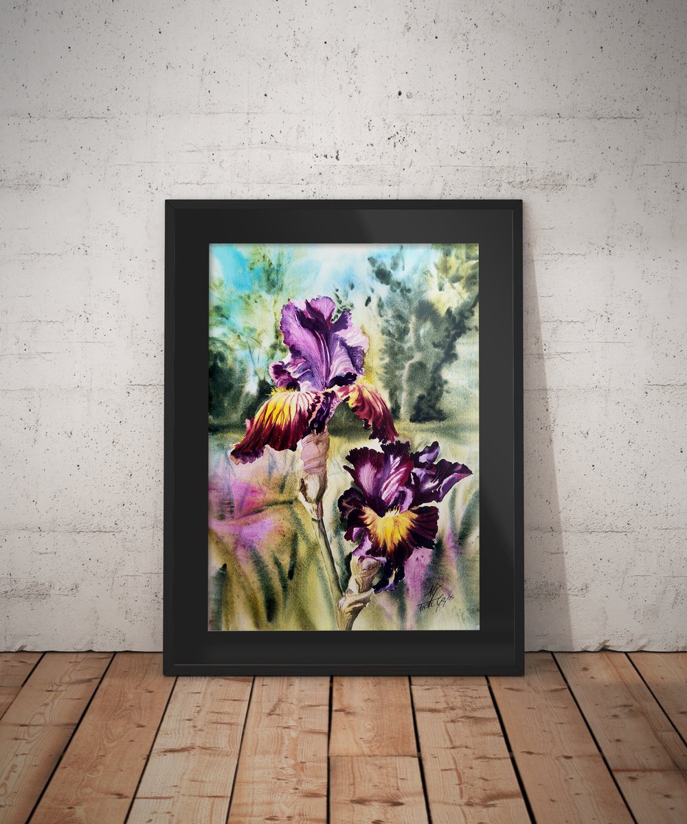 Impressionistic Botanical Watercolour By Aneta Gajos, 14 X 20, Two Purple Irises, Original Artwork