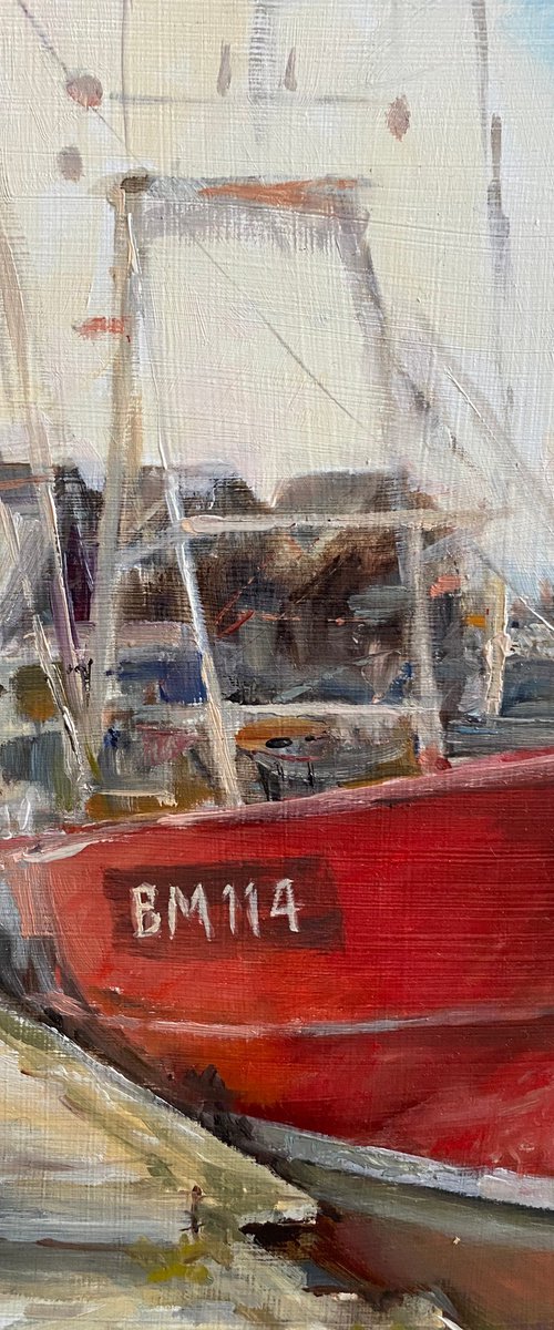 Red Boat; Whitstable Harbour-Impressionist oil painting. by Jackie Smith
