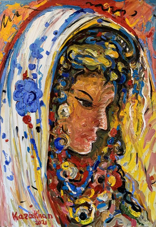 PORTRAIT OF A BEAUTIFUL GIRL IN A SCARF  female portrait, face, original oil painting, love, young girl 75x50 by Karakhan