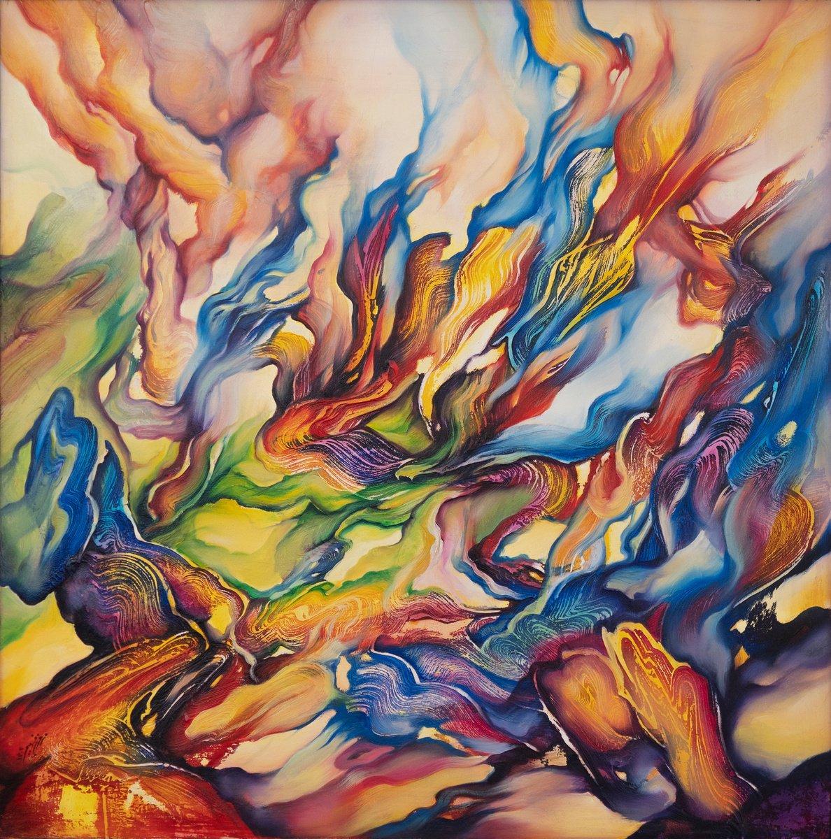 Abstract Oil Painting By Marjan Fahimi, 20 X 20", On Fire, Original Artwork