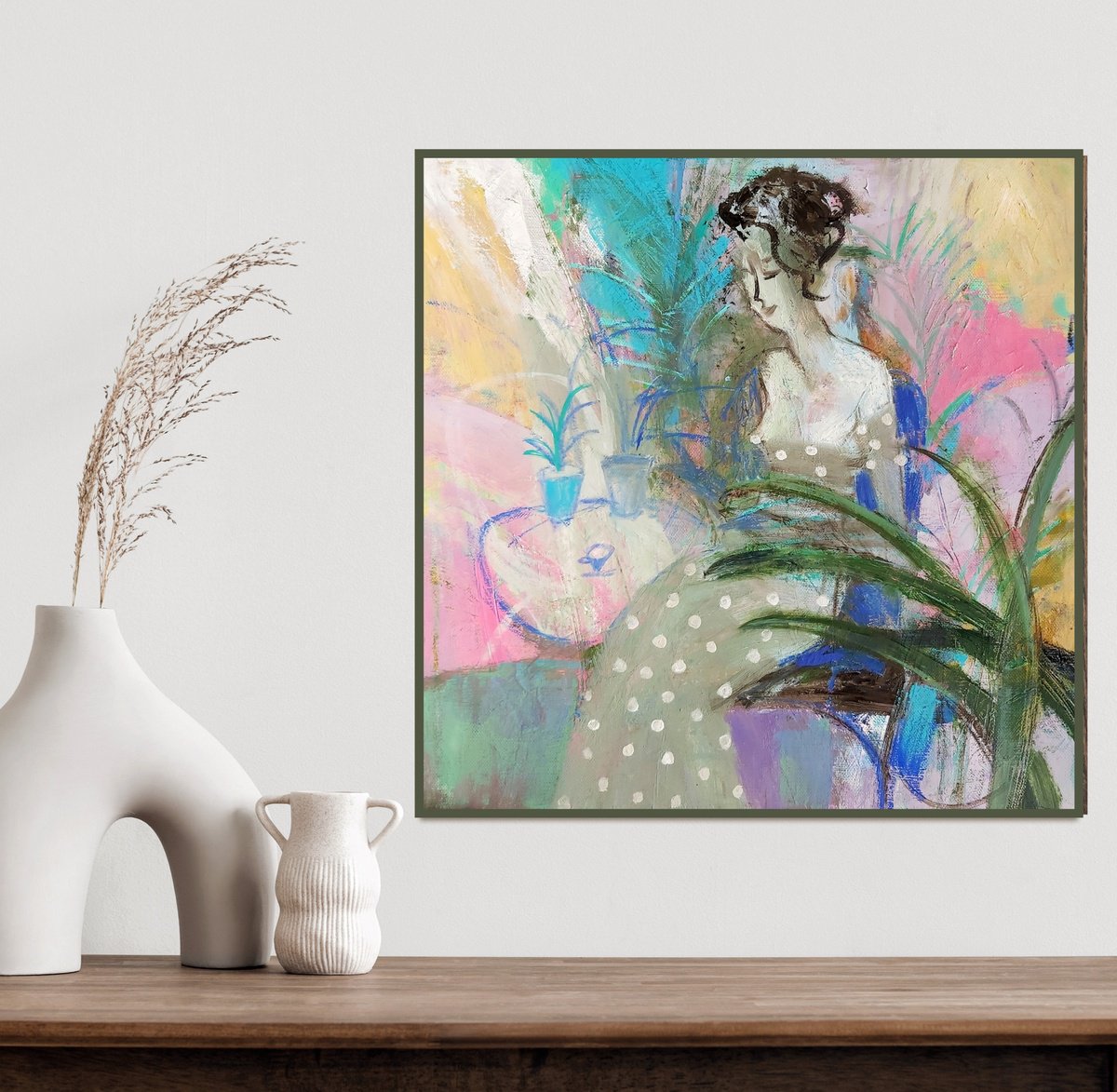 Expressive Portrait Oil Painting By Victoria Cozmolici, 20 X 20", Woman With Plants, Original Artwork