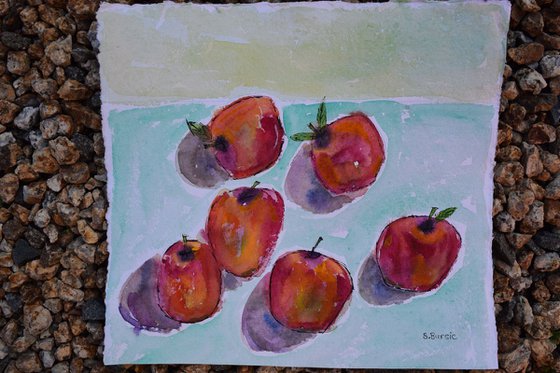 Red Apples on Hand Made Paper Watercolour & Indian Ink