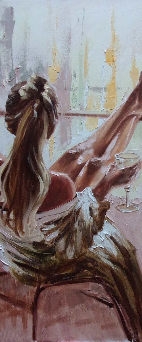 " GUESS WHICH COLOR  ... "- WINE  liGHt  ORIGINAL OIL PAINTING, GIFT, PALETTE KNIFE nude WINDOW by Monika Luniak