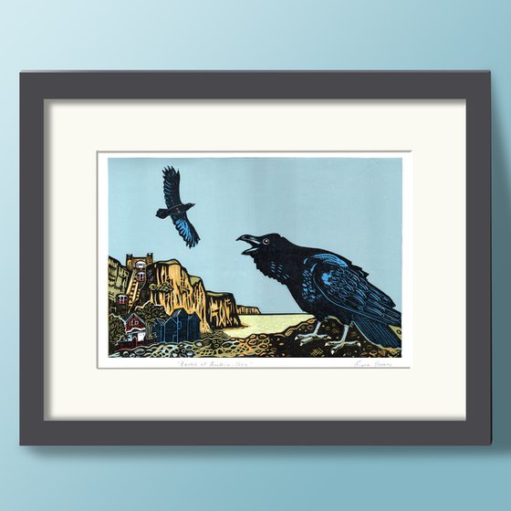 Ravens at Rock-a-Nore, Hastings, East Sussex. Limited Edition linocut