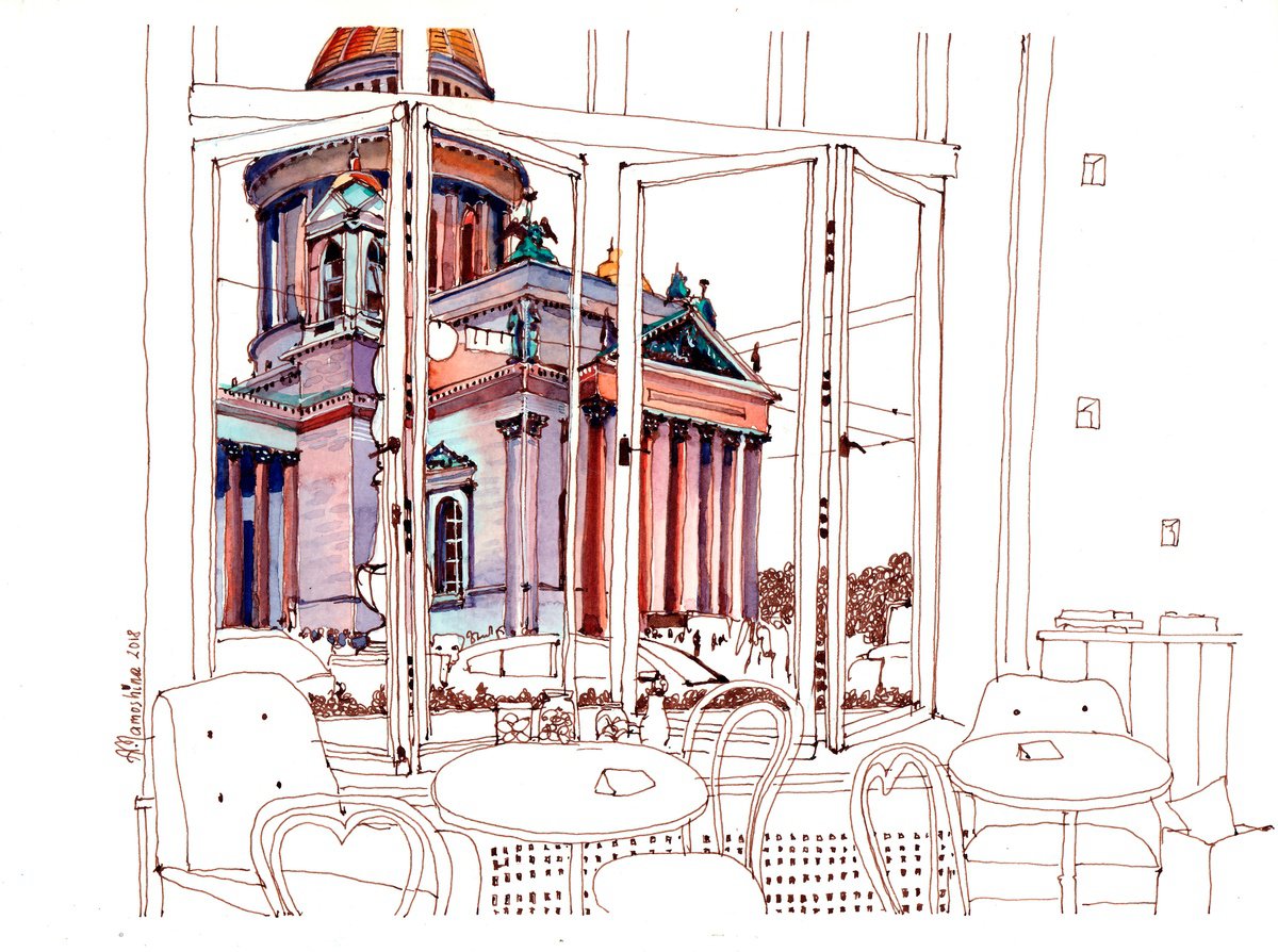 Impressionistic Cityscapes Watercolour By Anastasia Mamoshina, 12 X 9, Cafe With A View, Original Artwork