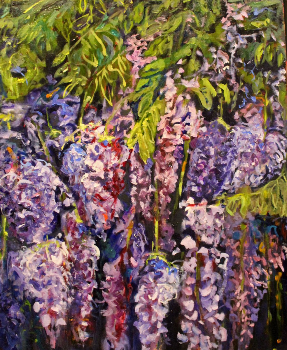 Impressionistic Botanical Oil Painting By Maureen Finck, 24 X 30", Wisteria Arbor 1, Original Artwork
