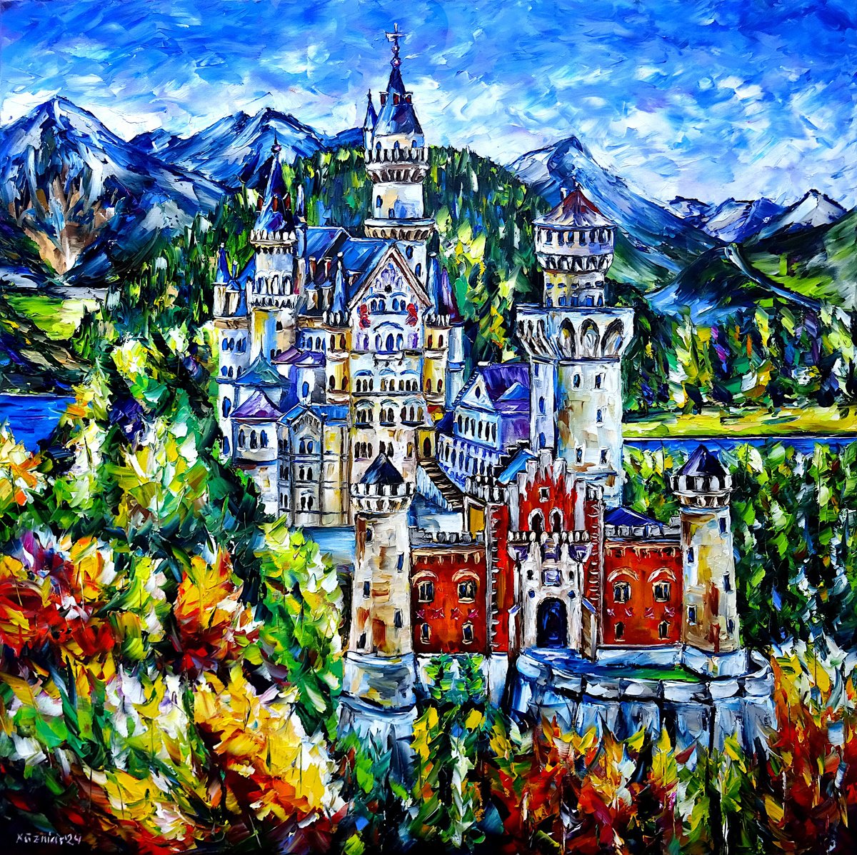 Expressive Cityscapes Oil Painting By Mirek Kuzniar, 31 X 31", Neuschwanstein Castle, Original Artwork