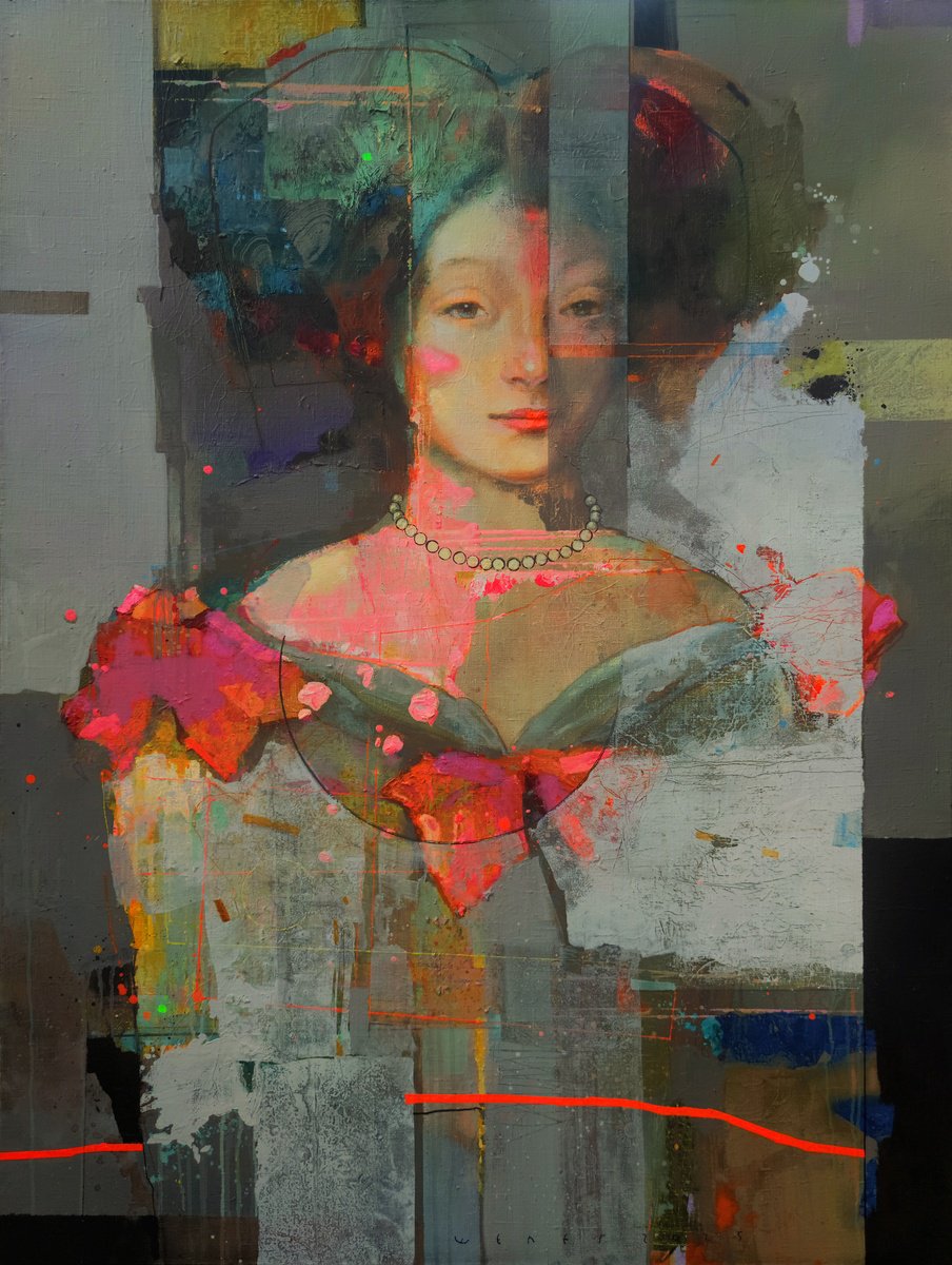 Abstract Portrait Oil Painting By Victor Sheleg, 35 X 47", Renaissance Portrait, Original Artwork