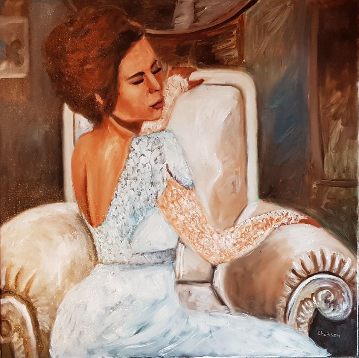 Impressionistic Portrait Acrylic Painting By Els Driesen, 35 X 35, Lady In Blue, Original Artwork