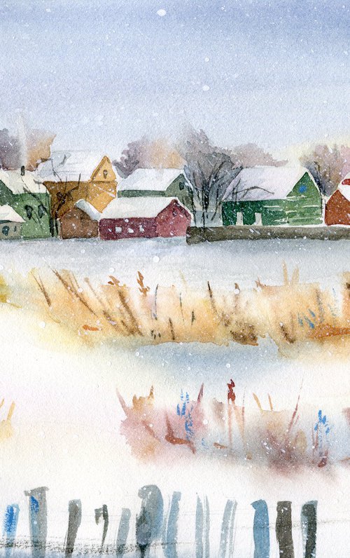 Winter village landscape with houses. by Evgeniya Mokeeva