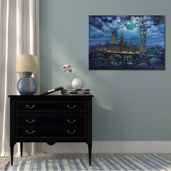 Moonlit Night - London, landscape original oil painting