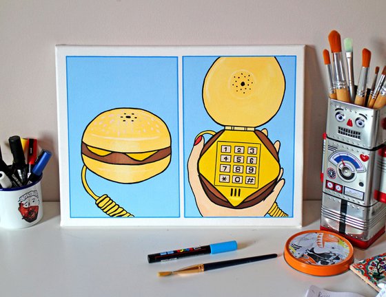 Burger Telephone Two Panel Pop Art Painting on Canvas