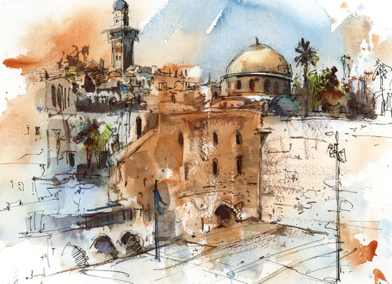 Jerusalem, Wailing Wall - Architecture Sketch Mixed Media