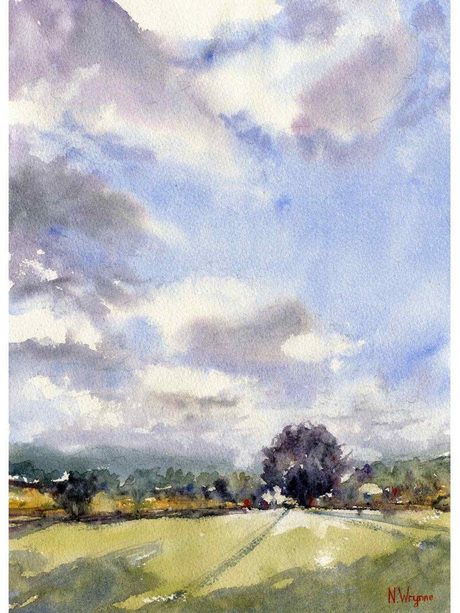 Organic Landscape Watercolour By Neil Wrynne, 11 X 15", Soft Clouds, Original Artwork