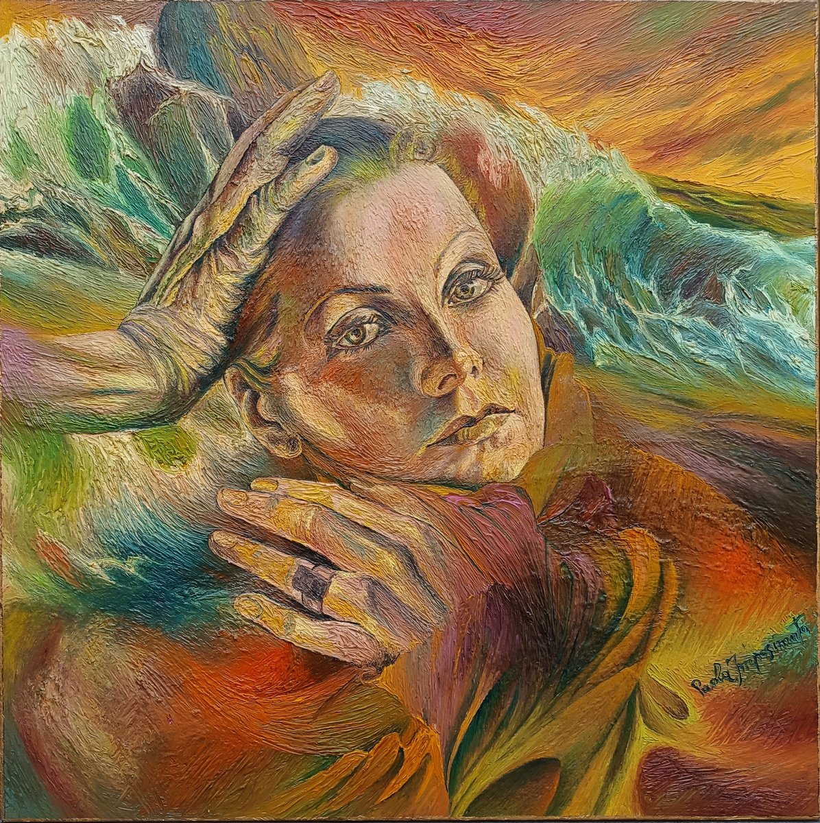 Expressive Portrait Oil Painting By Paola Imposimato, 20 X 20", Tribute To Greta Garbo, Original Artwork