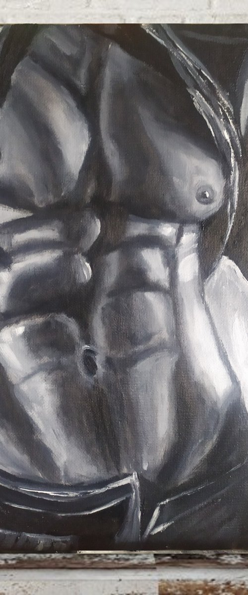 Biker, original nude erotic man body, gift, oil painting, art for home by Nataliia Plakhotnyk