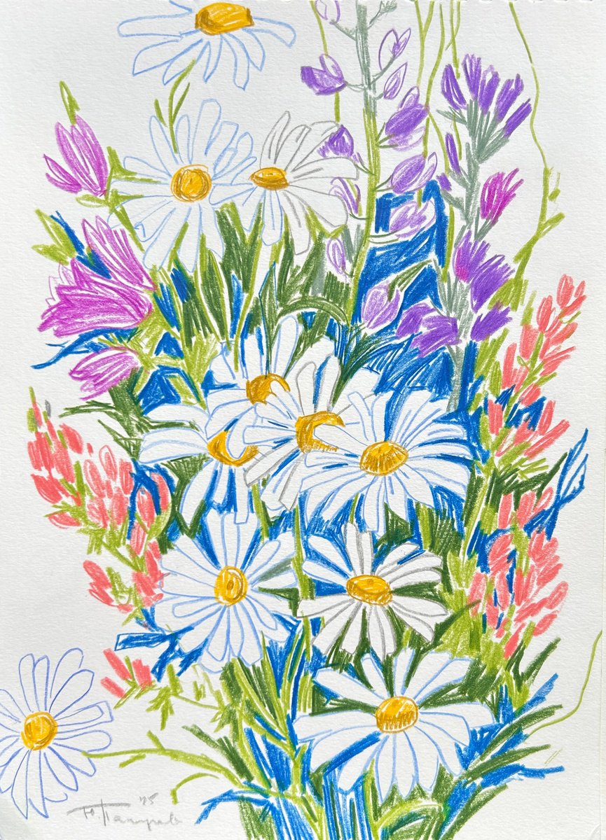 Graphic Botanical Pencil Drawing By Yuliia Pastukhova, 8 X 11", Herbal Bouquet Flowers 2, Original Artwork