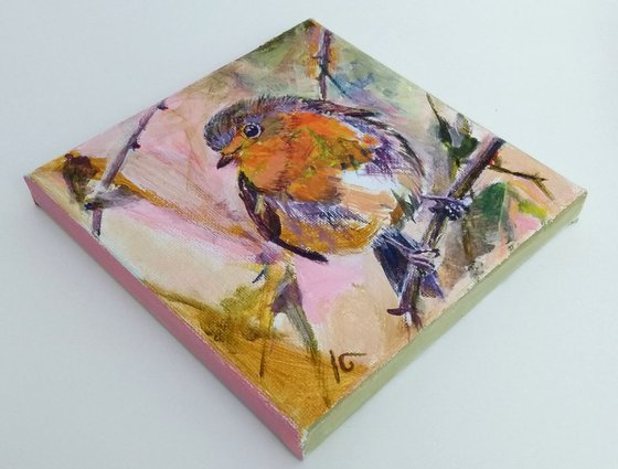 Robin painting, Bird painting on canvas, original mixed media painting, mini canvas