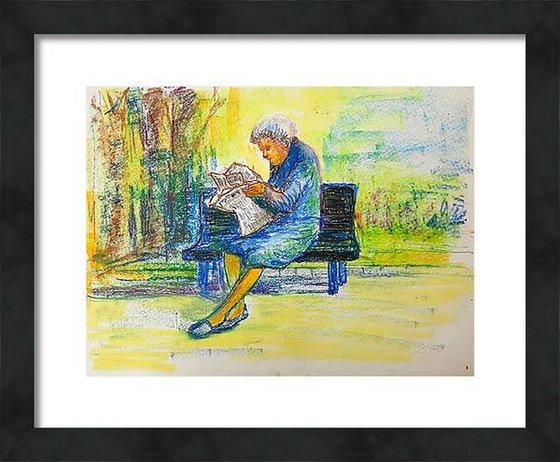 Elderly lady reading newspaper in a park