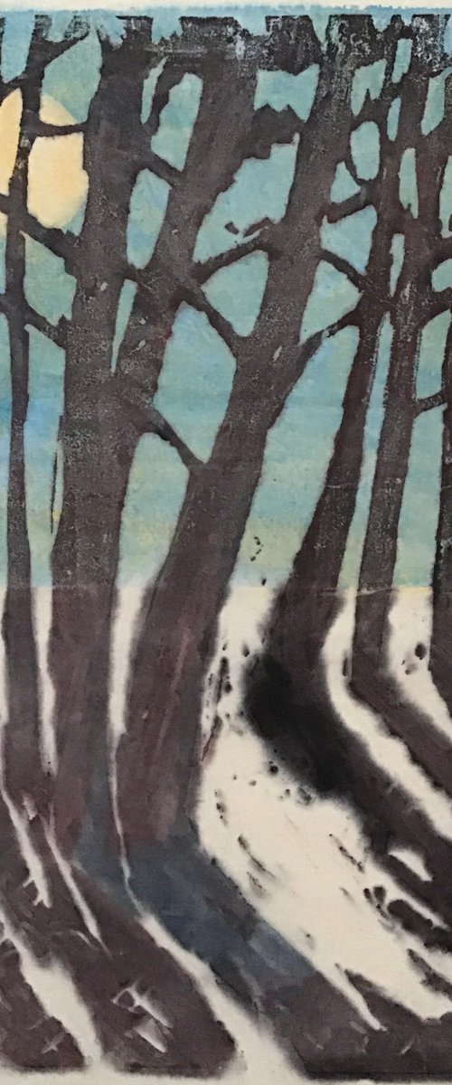 Winter Trees unique lino print by Sandra Haney