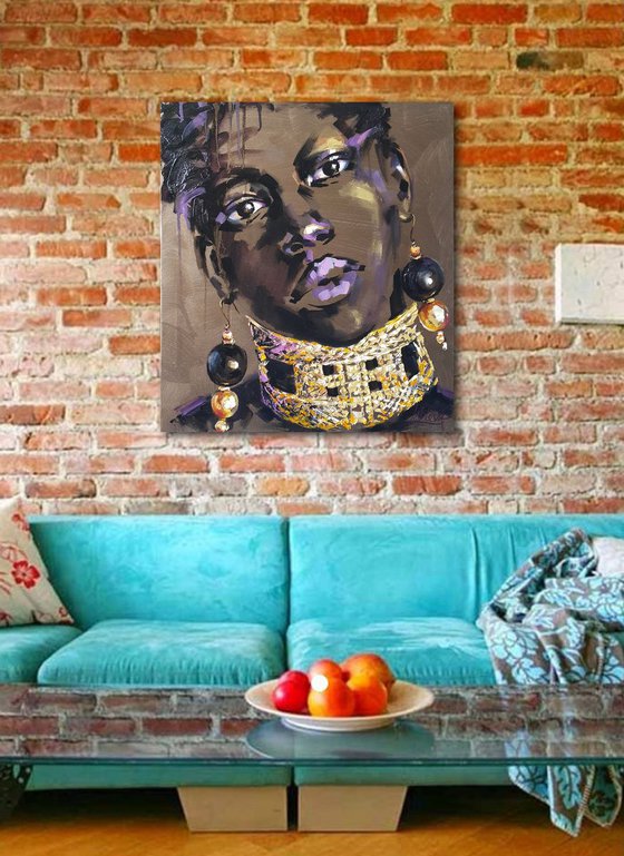 Female portrait of a black girl with gold jewelry on her neck, abstract woman portrait, oil original