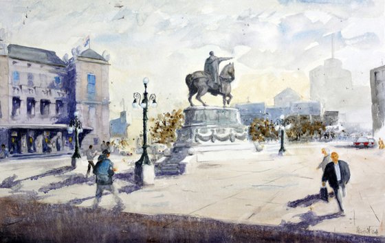 Square, Belgrade - original watercolor art painting by Nenad Kojić