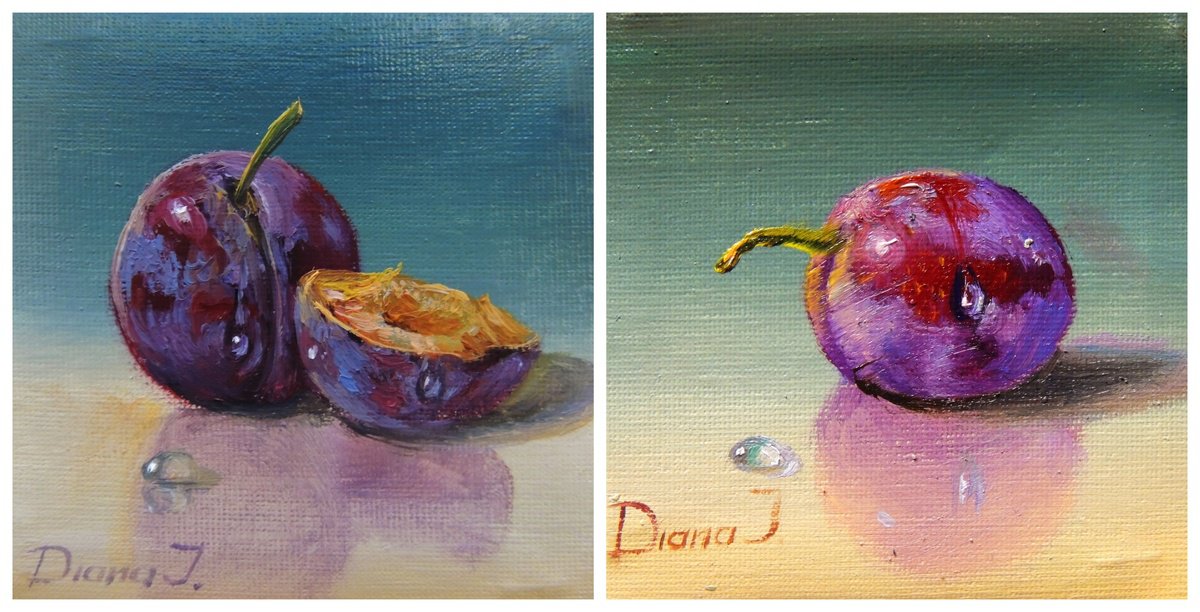 Photorealistic Still Life Oil Painting By Diana Janson, 8 X 4, Plums - Diptych, Original Artwork