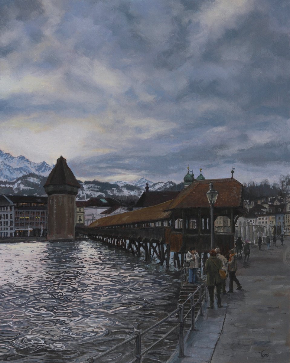 Cityscapes Oil Painting By Tom Clay, 16 X 20", Kappelbrucke At Dusk, Original Artwork