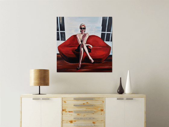 LIPS SOFA - oil painting on canvas, red lips, woman, gaze, sex, erotics, body shapes, white, red, sunglasses, office art, wall art