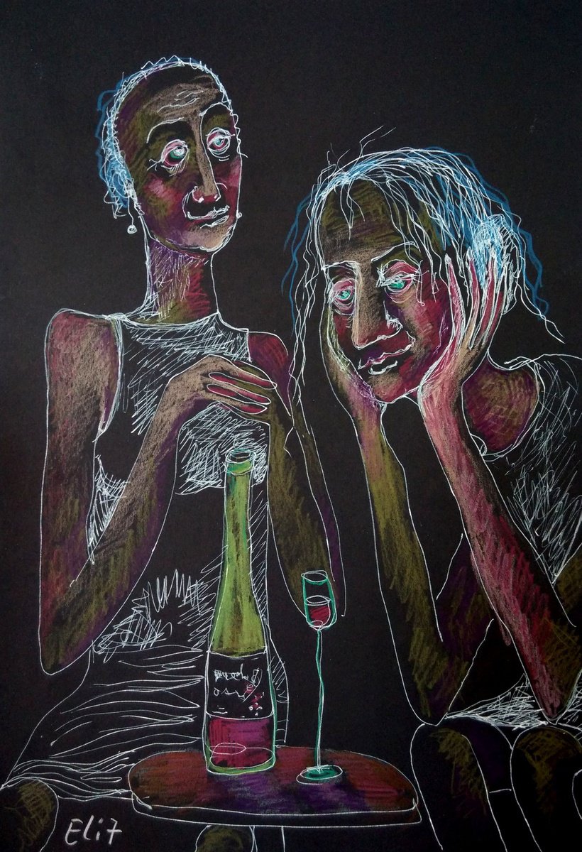 Expressive Drawing , Old Friends By Elisheva Nesis, 9 X 13, Artwork For Sale On Artfinder