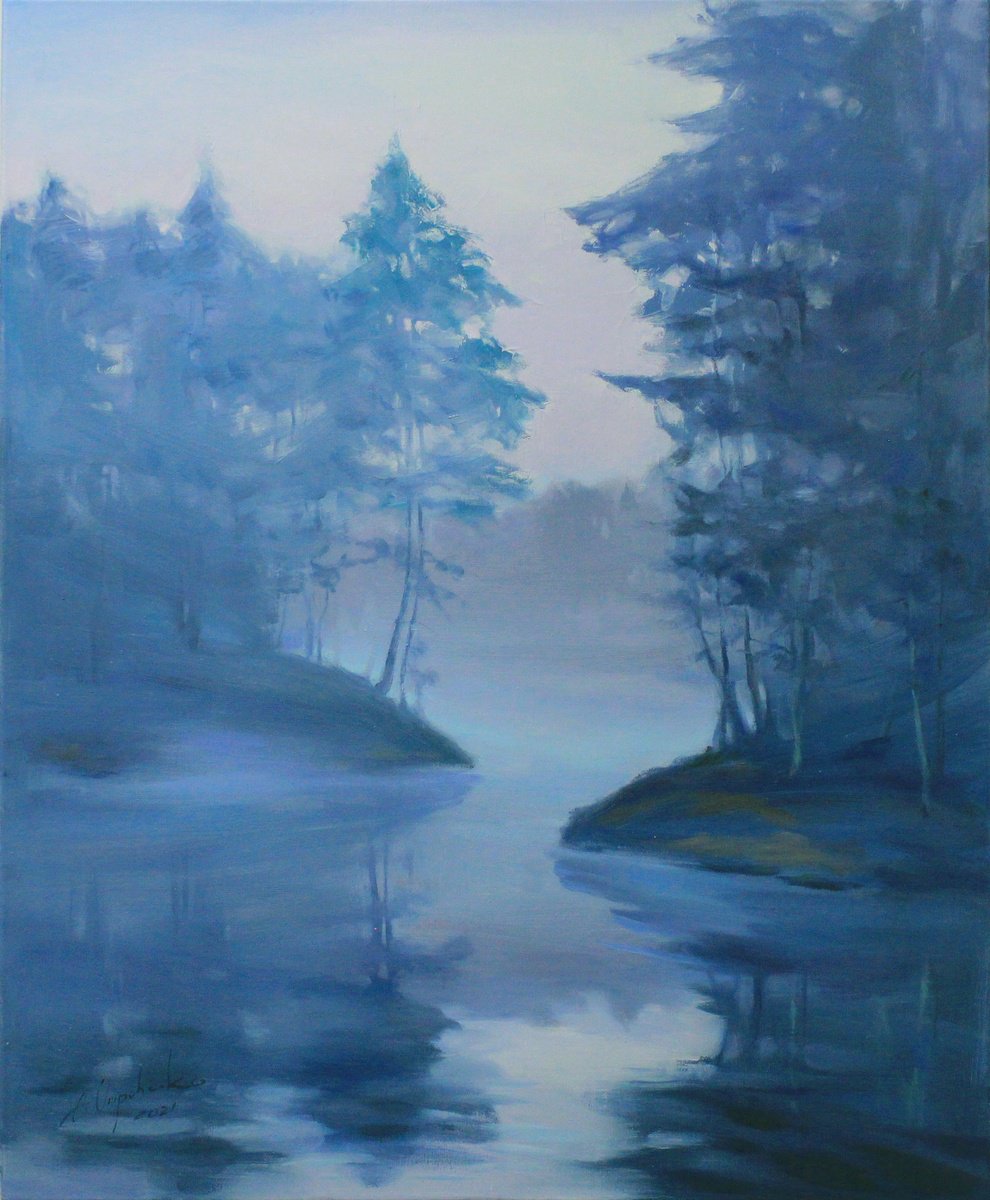 Impressionistic Landscape Oil Painting By Alisa Onipchenko-Cherniakovska, 35 X 43, Blue Fog On The Lake, Original Artwork