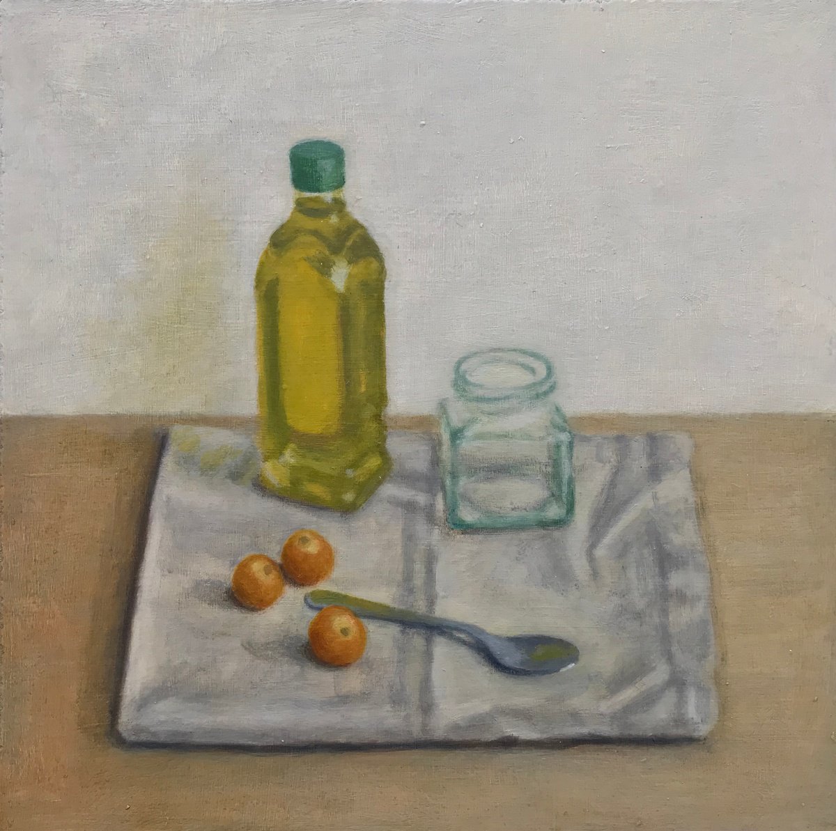 Impressionistic Still Life Acrylic Painting By Hugo Lines, 16 X 16, Olive Oil Bottle With Tomatoes, Original Artwork