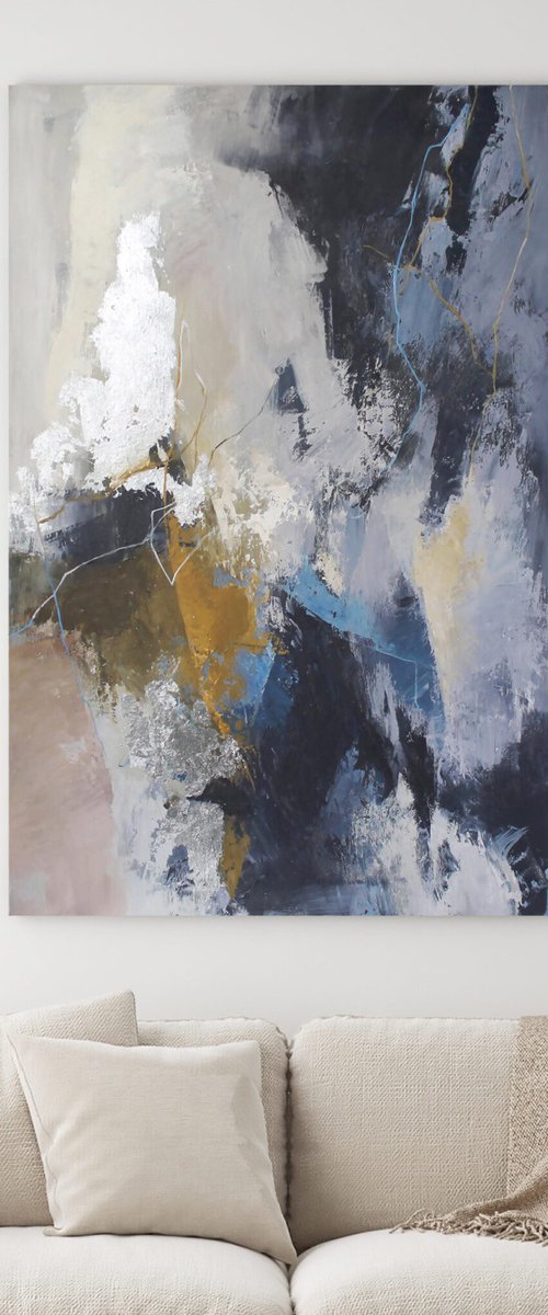 "Glory" Abstract navy blue silver acrylic art by Yana Sagan