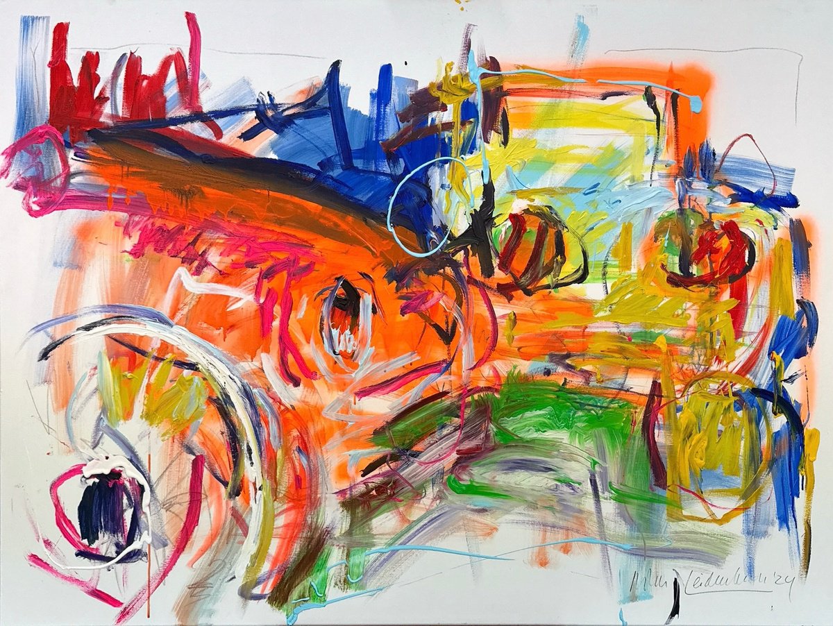 Expressive Transport Acrylic Painting By Nicole Leidenfrost, 63 X 47", Two Cars, Original Artwork