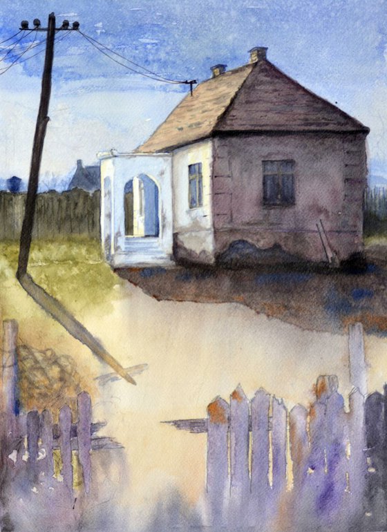 House on the road - original watercolor art