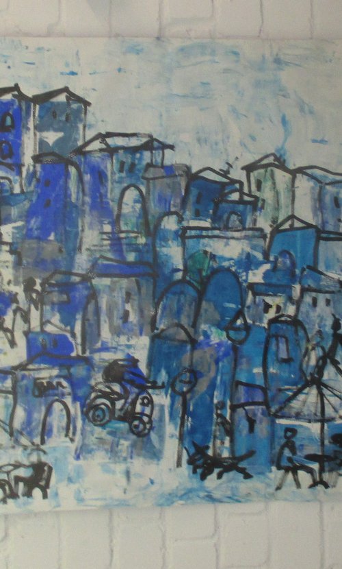 blue italian city, tuscany xxl on canvas, not stretched by Sonja Zeltner-Müller