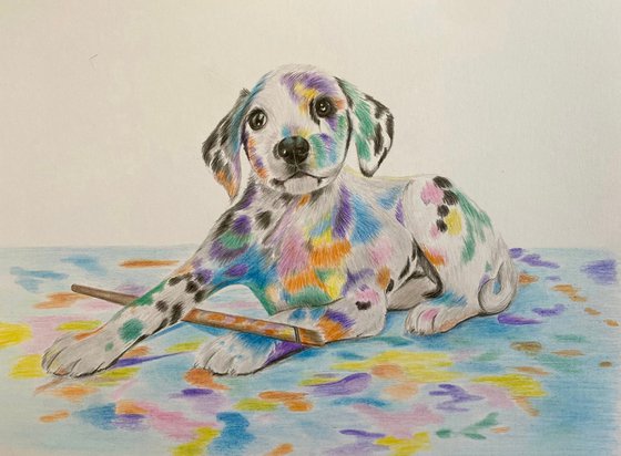 Paint splattered dog