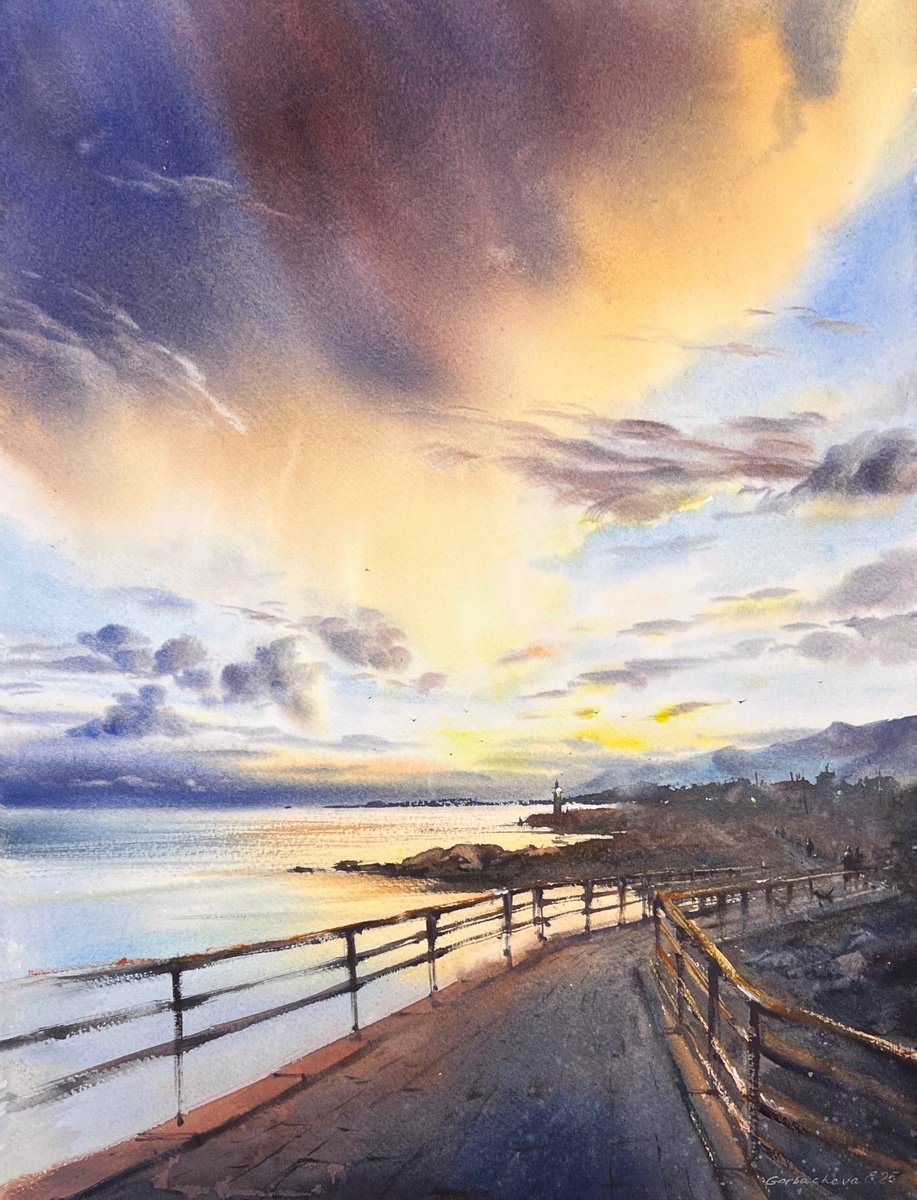 Impressionistic Landscape Watercolour By Eugenia Gorbacheva, 12 X 16, Cyprus Embankment Sunset #2, Original Artwork