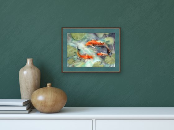 Koi fish in watercolor Bright natural pond