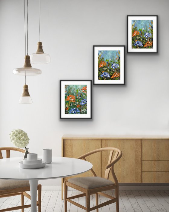 Oranje Blauwe Bloemen in Abstractie - Triptych