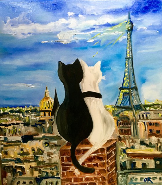 Cats in Paris. Parisian roofs , romantic evening.