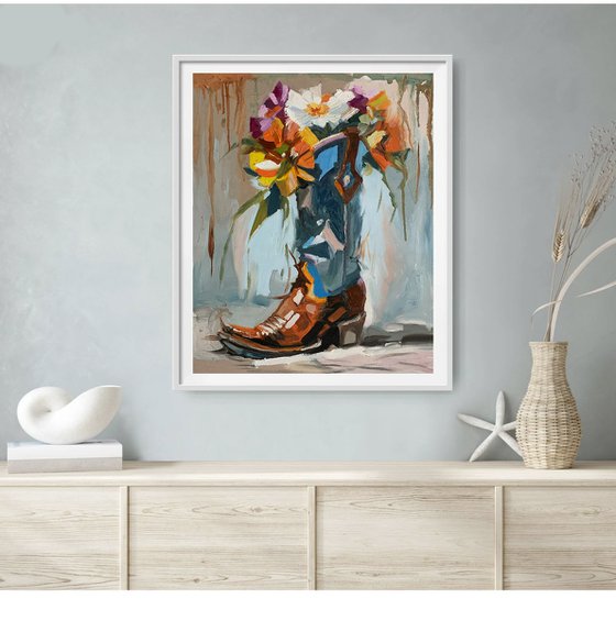 Cowboy Boot, Flower Bouquet.