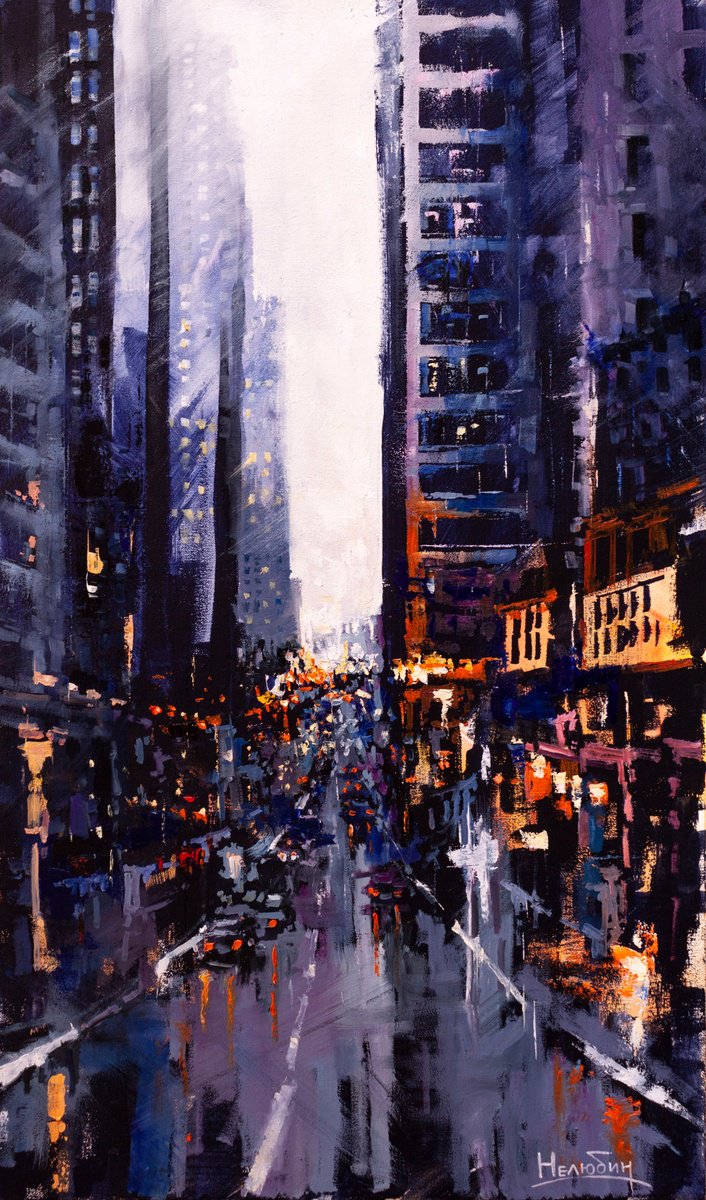 Impressionistic Cityscapes Oil Painting By Aleksandr Neliubin, 20 X 33, Evening Lights, Original Artwork