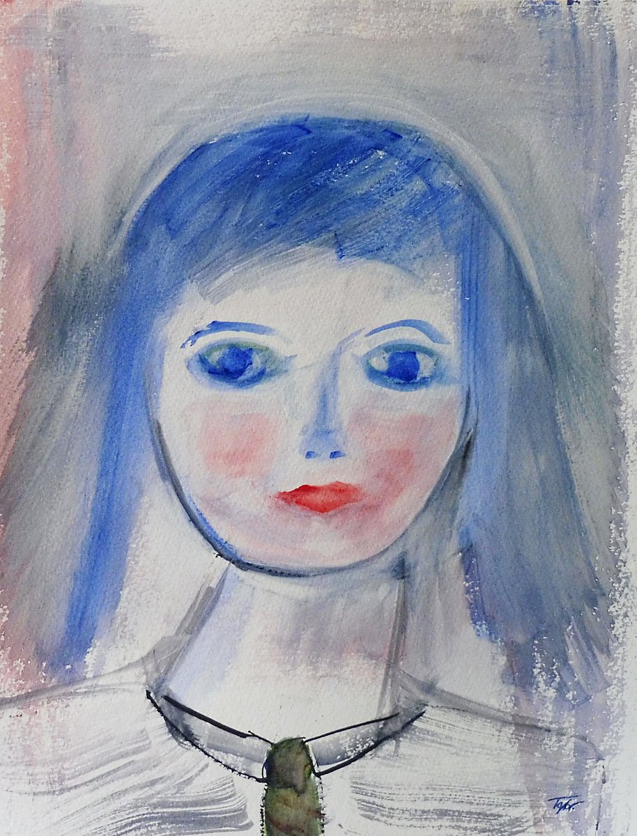 GIRL PORTRAIT BLUE HAIR, Green Tie, Sketch Study. Original Female Portrait Watercolour Pai... by Tim Taylor